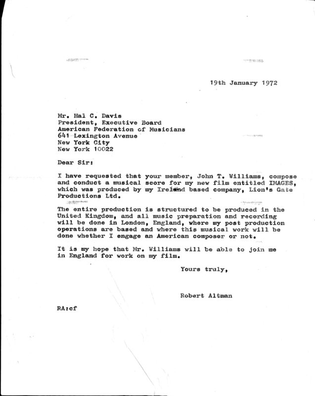 Letter from Robert Altman to Hal Davis, 1972