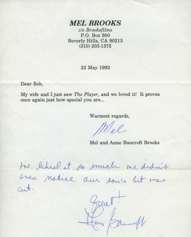 Letter from Mel Brooks and Anne Bancroft, 1992.