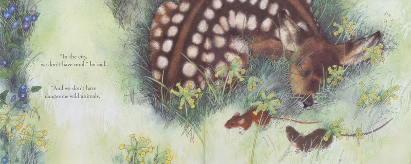 Pagespread of two mice passing a sleeping fawn from The Town Mouse and the Country Mouse: An Aesop Fable