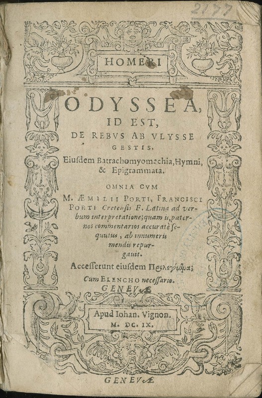 ODYSSEAE Homeri libri XXIIII. nuper à Simone Lemnio Emporico Rheto Curiensi, Heroico Latino carmine facti, & à mendis quibusdam priorum translationum repurgati. Accessit et Batrachomyomachia Homeri, ab eodem secundum Græcum Hexametro Latinitate donata.