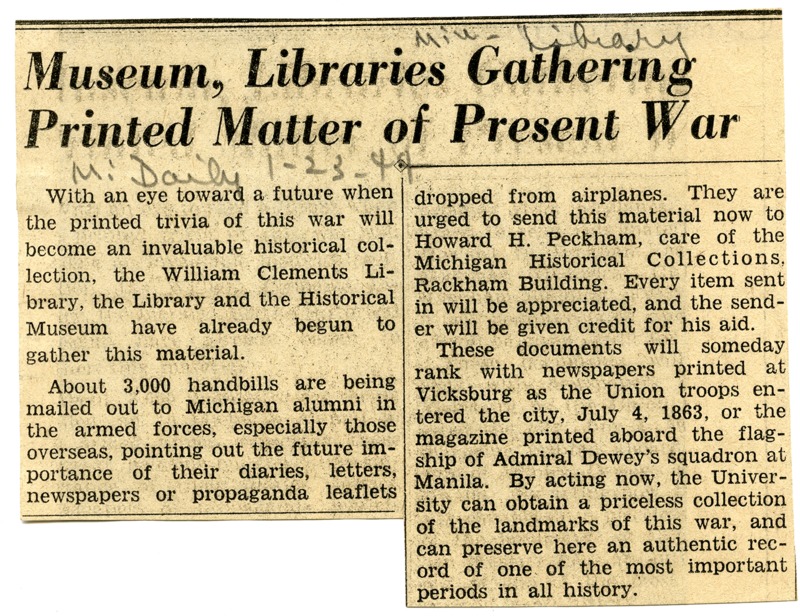 Museums, Libraries Gathering Printed Matter of Present War
