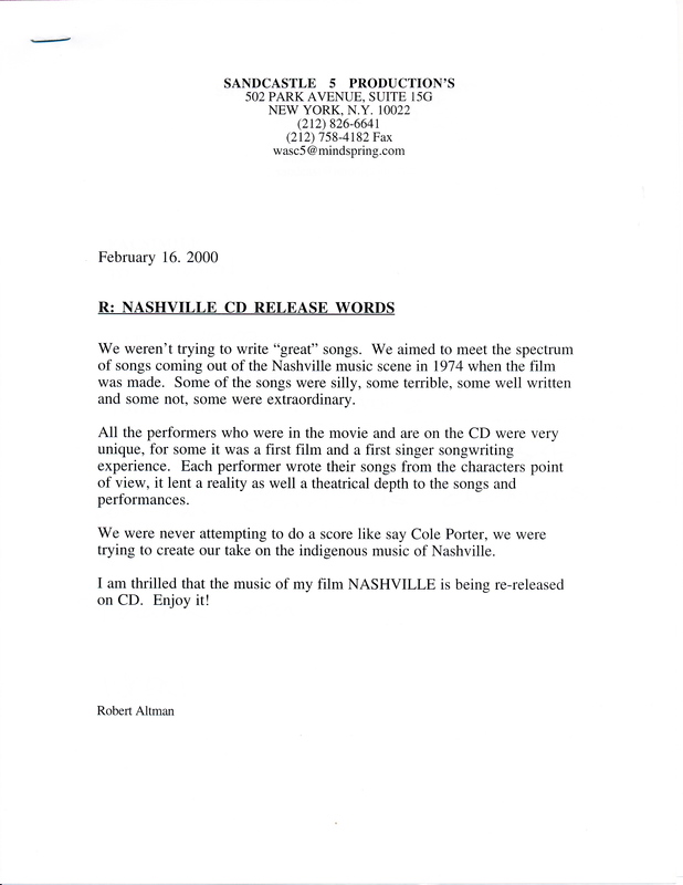 Memo from Robert Altman on songs of Nashville, 2000