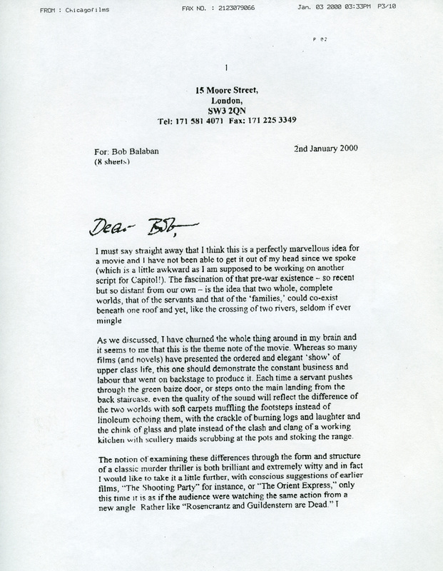 Letter from Julian Fellowes to Robert Balaban, 2000.