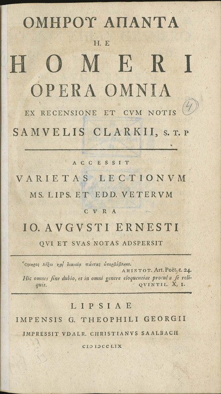 ΟΜΗΡΟΥ ΑΠΑΝΤΑ. Η. Ε Homeri opera omnia, ex recensione et cum notis Samuelis Clarkii, s.t.p. 