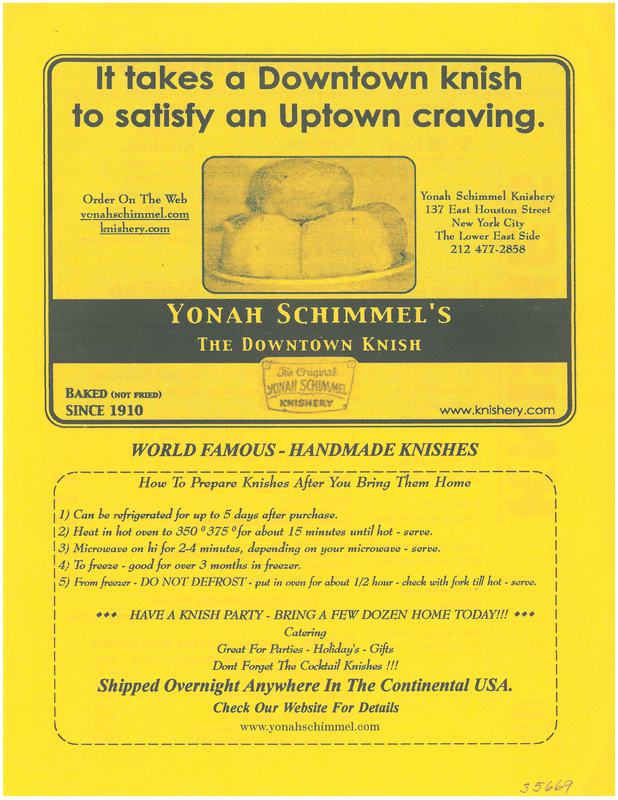 Yonah Schimmel's Knishery menu