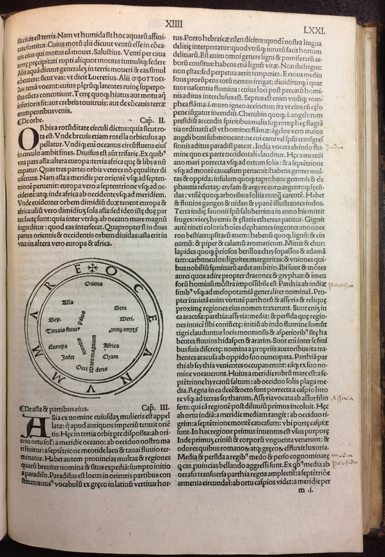 Woodcut of T-O map on folio 71r from Isidorus Hispalensis (ca. 560-636).  Etymologiae. Paris: Georg Wolf and Thielman Kerver, for Jean Petit at Paris, and Jean Alexandre and Charles Debougne at Angers, 25 May 1499.