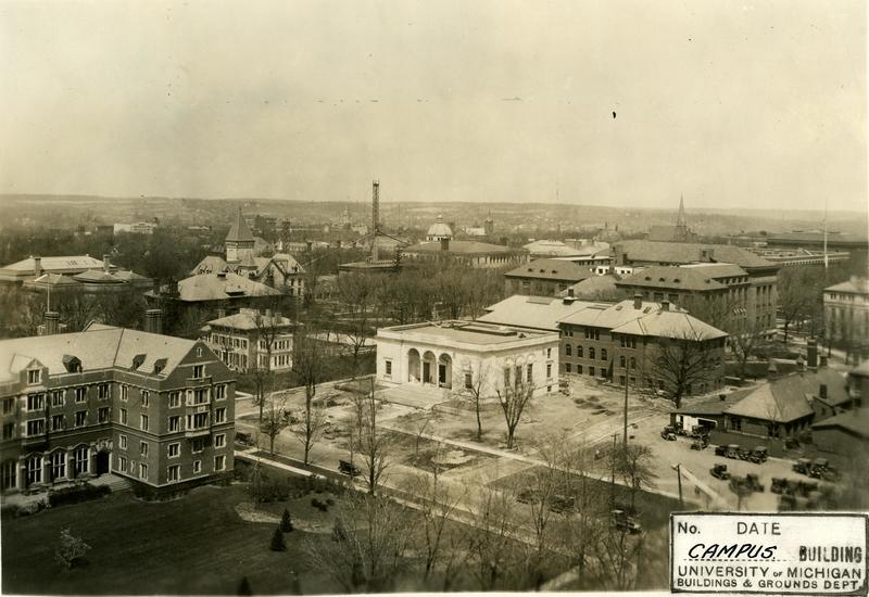 Aerial view of central campus, showing Clements Library under construction, 1923-1924