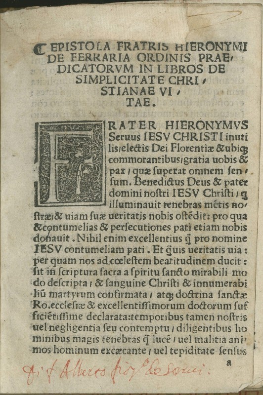 <em>Epistola fratris Hieronymi de Ferrara ordinis praedicatorum in libros de simplicitate Christianae vitae</em>