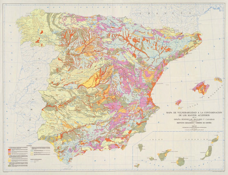 Mapa de vulnerabilidad al la Contaminacion de los Mantos Acuiferos de la Espana Peninsular, Baleares y Canarias.