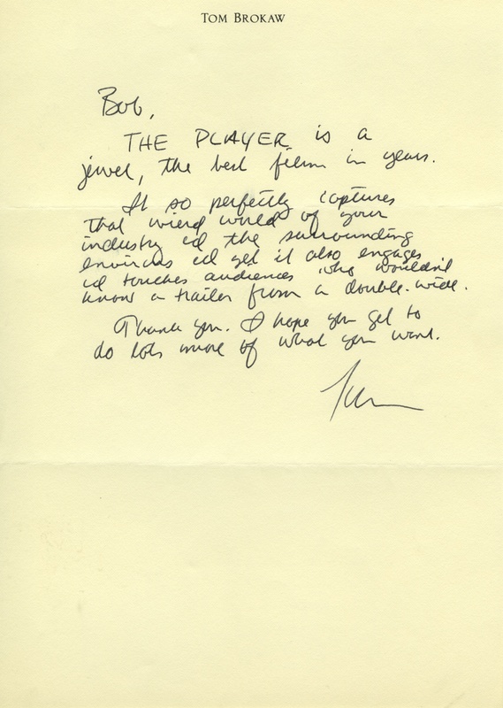 Letter from Tom Brokaw to Robert Altman, undated.