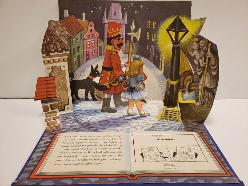 Pop-up illustration of Goldilocks on a city street after fleeing the bears' home from Goldilocks and the Three Bears