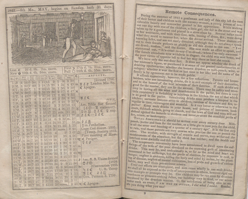 Pagespread showing the month of May in The Temperance Almanac, of the Massachusetts Temperance Union, for the Year of our Lord 1842...