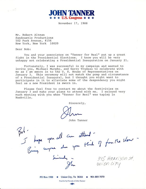 Letter from  Rep. John Tanner to Robert Altman, 1988.