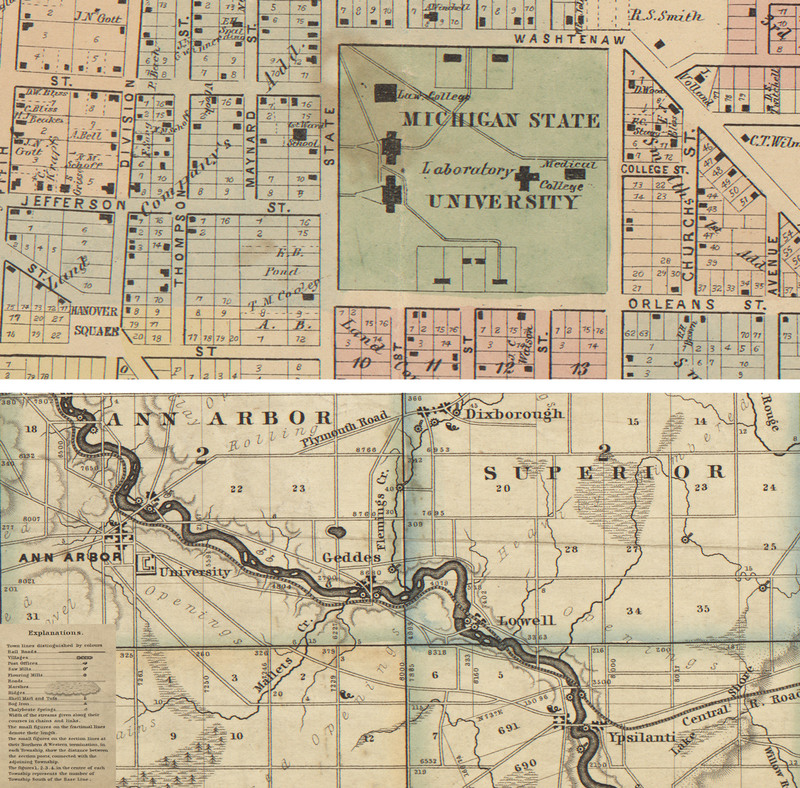 Excerpt of Map of Washtenaw County (top)<br />
<br />
Excerpt of Plan of the City of Ann Arbor: Washtenaw Co. Mich. (bottom)