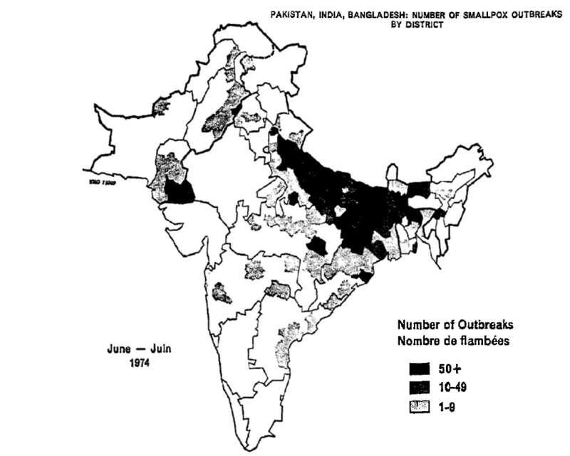 Pakistan, India, Bangladesh:  Number of smallpox outbreaks by district (June 1974)