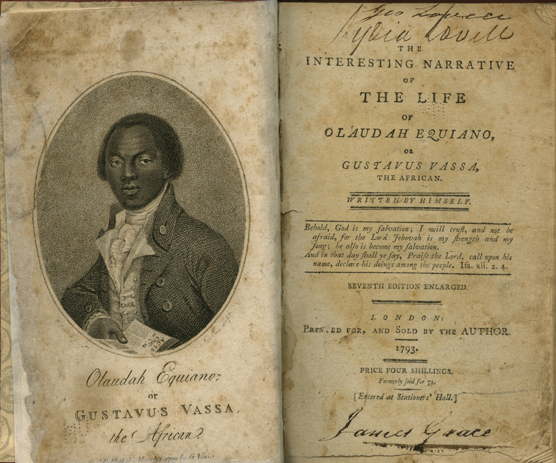 Title page and frontispiece of the enlarged 7th edition (1794) of Olaudah Equiano's The Interesting Narrative of the Life of Olaudah Equiano...