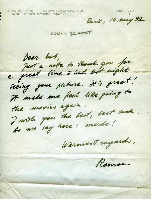 Letter from Roman Polanski to Robert Altman, 1992.