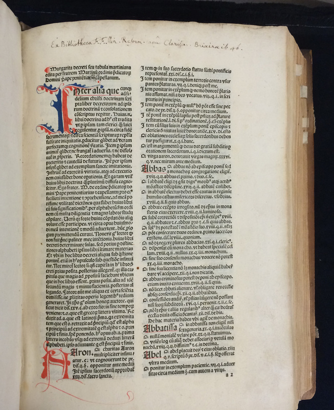 <p>First page of <span>Martinus Polonus, </span><em>Margarita decreti seu Tabula Martiana </em><span>[Venice]: Peregrinus de Pasqualibus, Bononiensis [and Dionysius Bertochus, about 1485]</span></p>