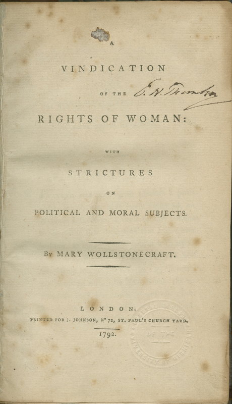 Title page of Mary Wollstonecraft's 1792 A Vindication of the Rights of Woman; With Strictures on Political and Moral Subjects