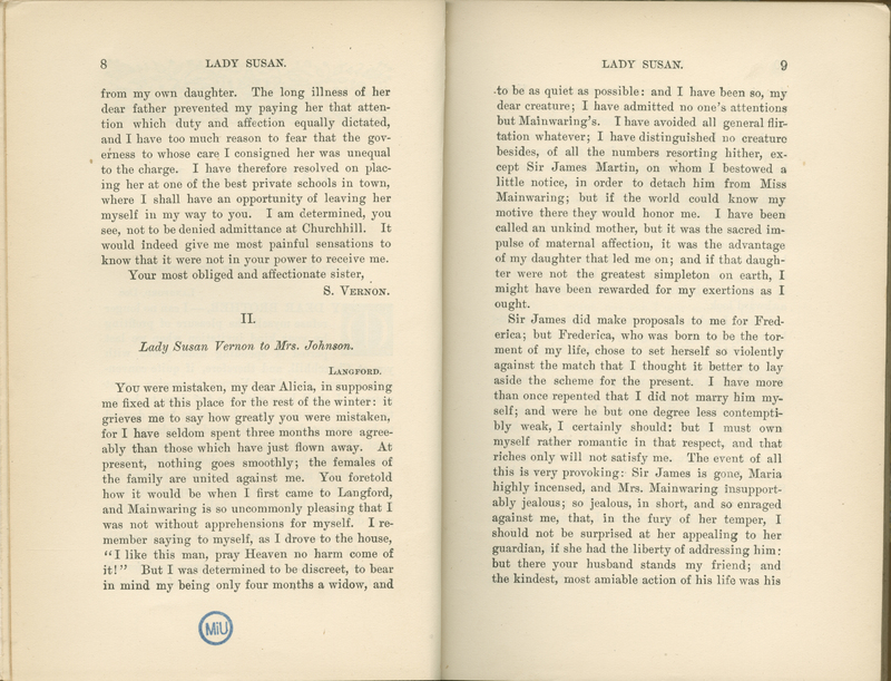 Pages 8-9 of the 1894 edition of Jane Austen's <em>Lady Susan; The Watsons</em>