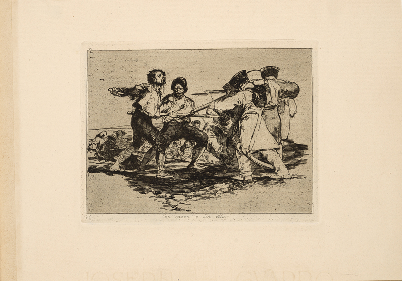 “Con Razon o Sin Ella" from the 6th edition (1923) of the Academia de Bellas Artes de San Fernando's publication of Francisco de Goya's Los Desastres de la Guerra.