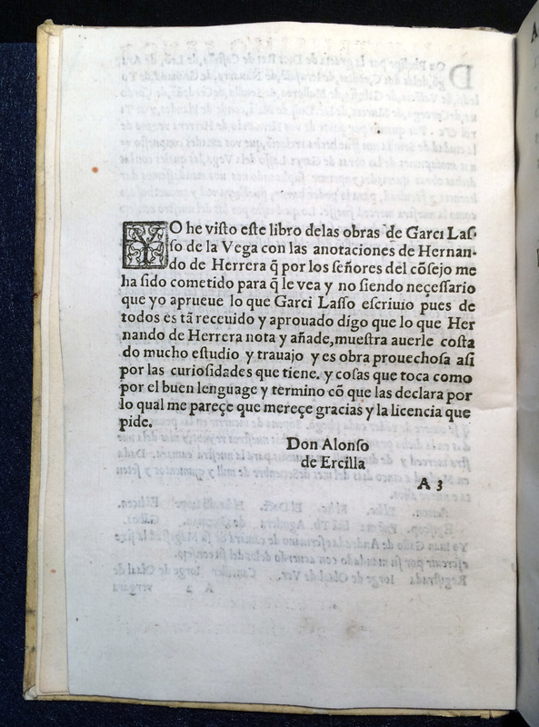 Approval from Obras de Garcilasso de la Vega con anotaciones de Fernando de Herrera (Sevilla: Alonso de la Barrera, 1580)