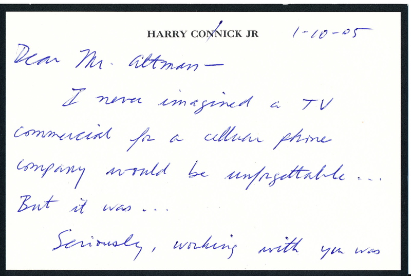 Letter from Harry Connick Jr. to Robert Altman, 2005.