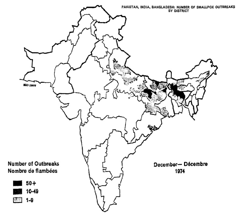 Pakistan, India, Bangladesh: Number of smallpox outbreaks by district (December 1974)