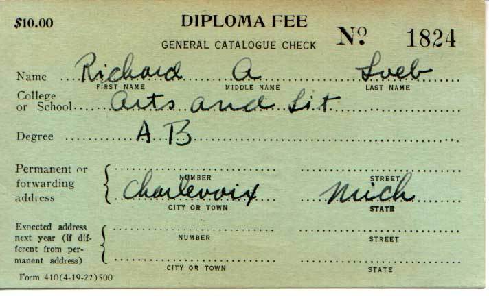 Richard Loeb: Diploma Fee Card