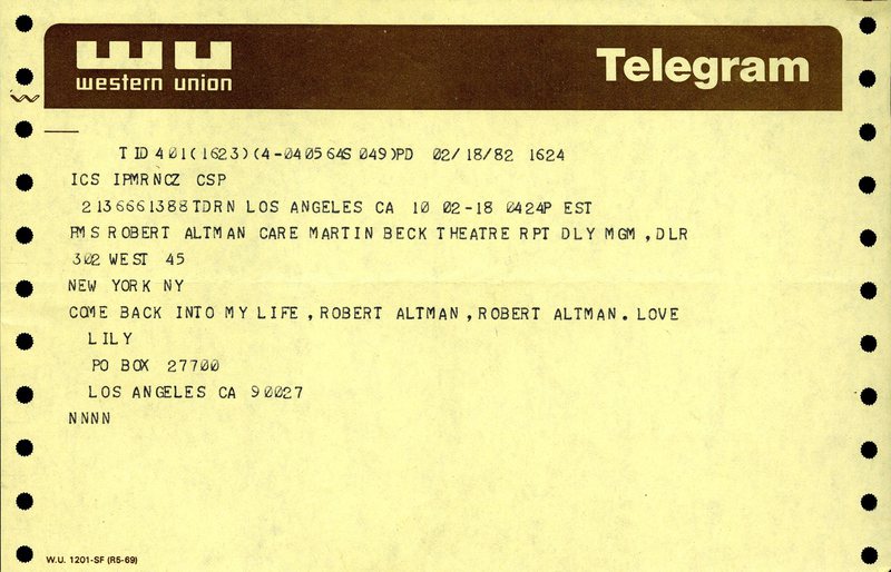 Telegram from Lily Tomlin to Robert Altman, 1982.