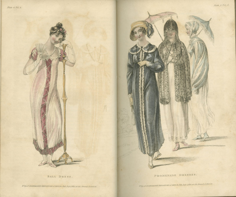 Fashion plates for "Ball Dress" and "Promenade Dresses" from The Repository of Arts, Literature, Commerce, Manufactures, Fashions and Politics. Series 1, volume 4