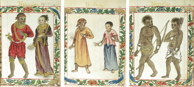 Illustrations from pages 56, 24, and 14 of the Boxer Codex manuscript: Tagalogs, Visayans, Negrillos