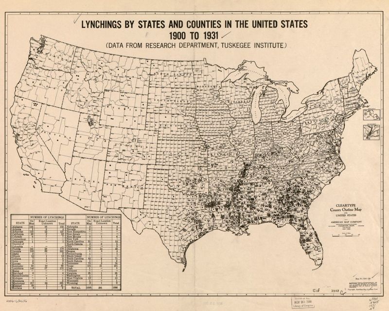 Lynchings by States and Counties in the United States 1900 to 1931: (Data from Research Department, Tuskegee Institute