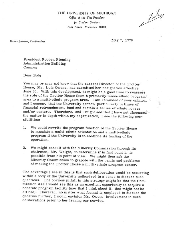Memo from Henry Johnson, Vice President of Student Services to University of Michigan President Robben Fleming