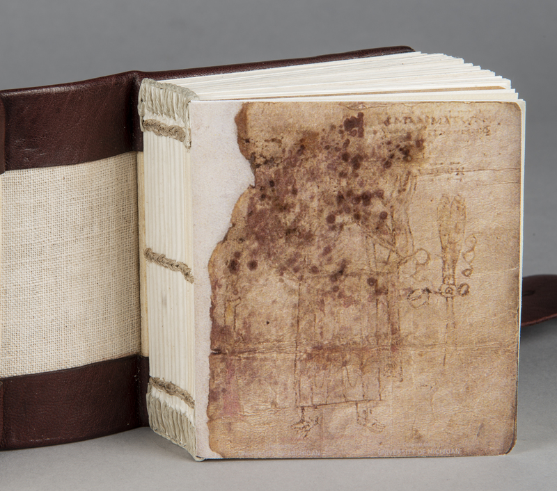 Facsimile Model of the binding and text block of Mich. Ms. 166, a seventh-century codex containing a miscellany of biblical and ascetic texts. 9.7 x 8.5 cm. 