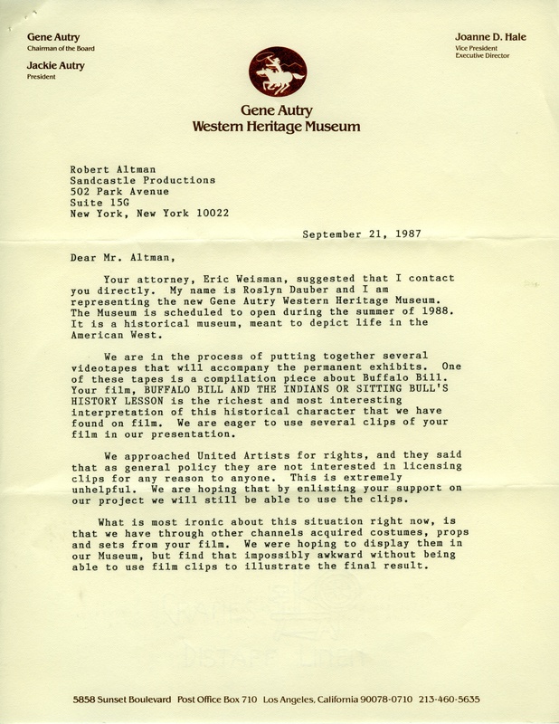 Letter from Roslyn Dauber to Robert Altman, 1987