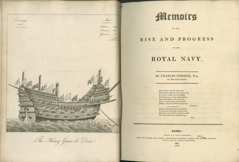 Title page and frontispiece of Charles Derrick's 1806 Memoirs of the Rise and Progress of the Royal Navy