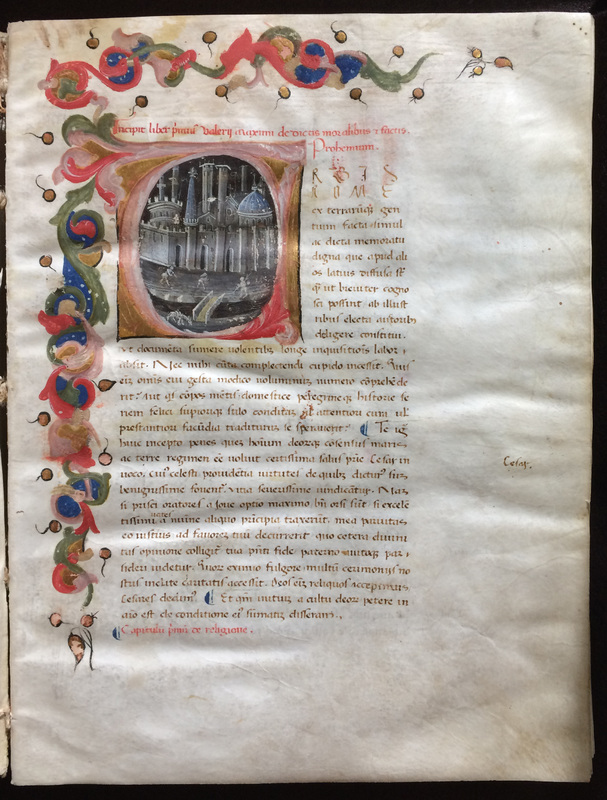 Folio 5r, opening page with historiated intitial from Valerius Maximus (fl. 1st c. AD ). Factorum ac dictorum memorabilium libri IX (Memorable Deeds and Sayings). Parchment. Italy 15th c. 