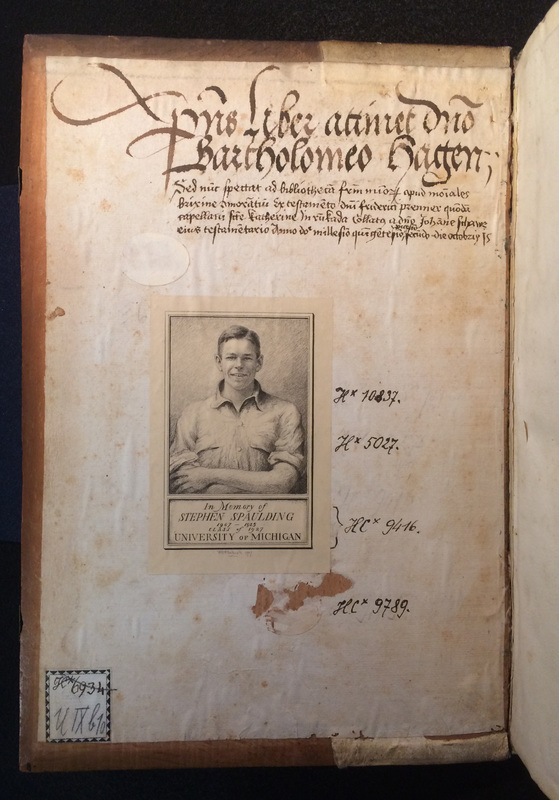 Front paste-down paper: Martinus Polonus, Margarita decreti seu Tabula Martiana [Venice]: Peregrinus de Pasqualibus, Bononiensis [and Dionysius Bertochus, about 1485]; Johannes Chrysostomus, Sermones de patientia in Job. Ed and tr: Lilius Tifernas (Castellanus). Add. De poenitentia in David; De virginitate. Cologne: Johann Koelhoff, the Elder, 13 May 1487; Johannes Johannis,  Concordiae Bibliae et Canonum cum Titulis Decretalium Totiusque Iuriscivilis. Basel: Nicolaus Kesler, 22 June 1487; 12 July 1487; and Johannes Koelner de Vanckel. Usus feudorum [Cologne: Johann Koelhoff, the Elder, after 21 Feb. 1486].   