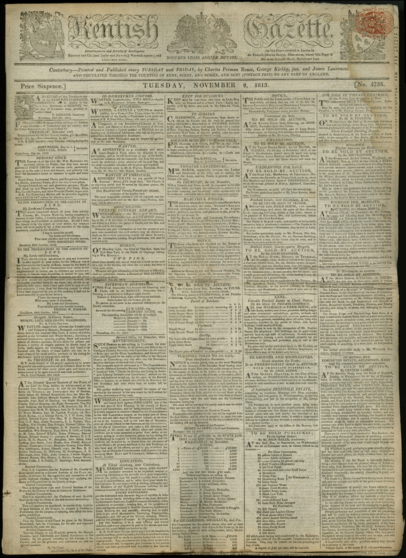 Front page of the November 2, 1813 issue of Kentish Gazette