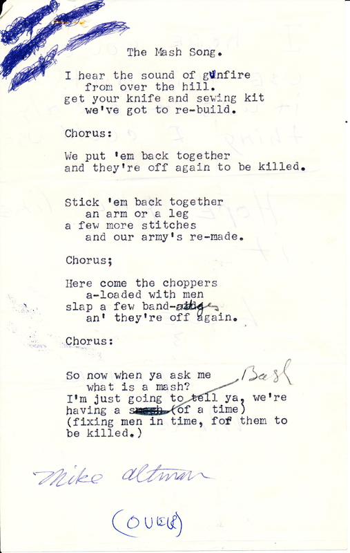 Typescript document, draft lyrics to "The MASH Song" by Michael Altman, [1969].