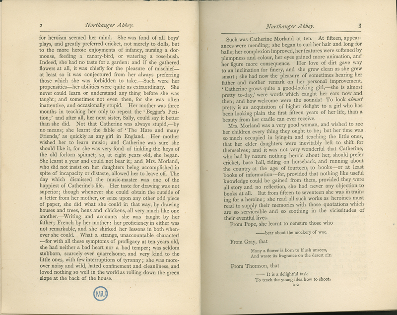 Pages 2-3 of the 1877 Bentley edition of Jane Austen's Northanger Abbey, issued together with Persuasion