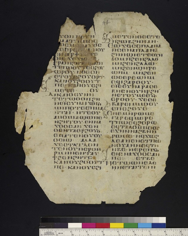 Mich. Ms. 158.18Shenoute of Atripe (ca. 348-465). Canon 9, God Who Alone is True: 233-4. Parchment. Verso. White Monastery, Sohag (Egypt). Fragments of the same manuscript are kept in Cairo. ca. 7th-8th century. Parchment; 31 x 25.5 cm. 