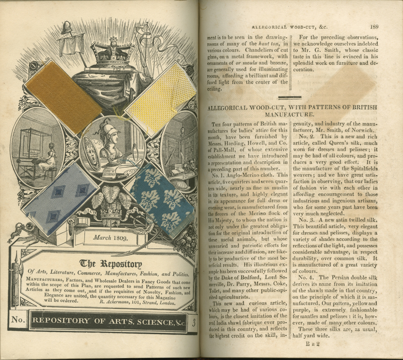 Page 189 and facing plate from <em>The Repository of Arts, Literature, Commerce, Manufactures, Fashions and Politics.</em> Series 1, Volume 1, showing 