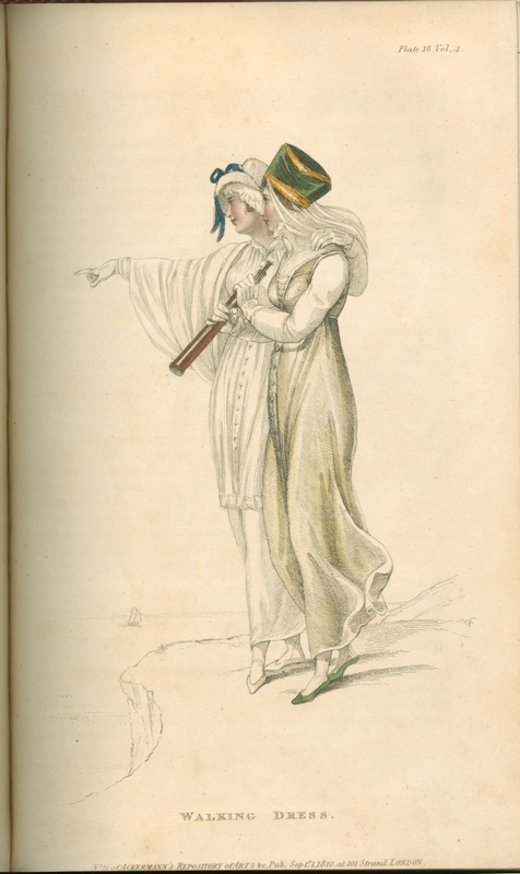 Fashion plate for "Walking Dress" from The Repository of Arts, Literature, Commerce, Manufactures, Fashions and Politics. Series 1, volume 4