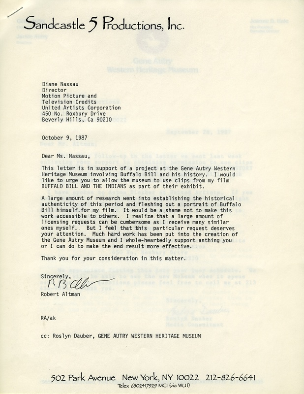 Letter from Robert Altman to Diane Nassau, 1987