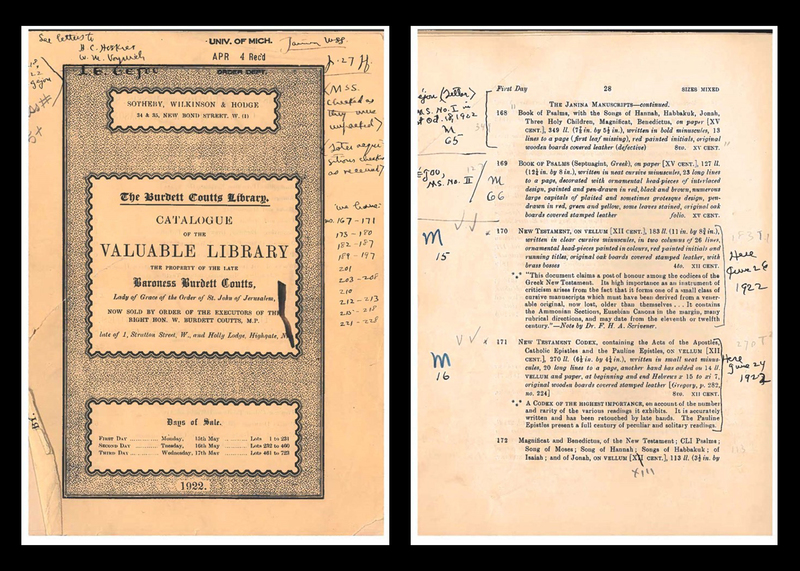 Title page and page 28 from the auction catalog of the sale of the Burdett Coutts library