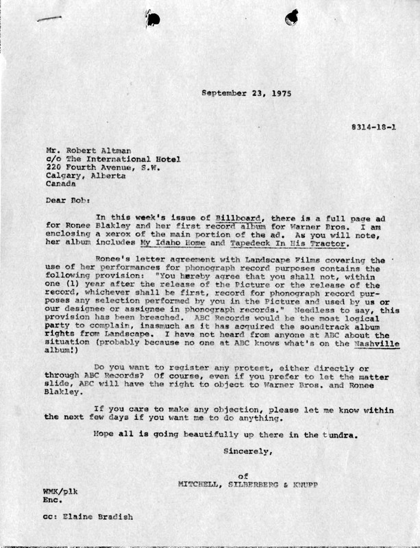 Letter from the legal firm of Mitchell, Silberberg & Knupp to Robert Altman, September 23, 1975.