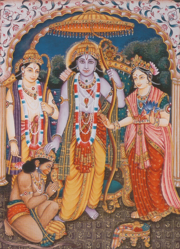 Sita, Rama and Lakshmana Bless Hanuman