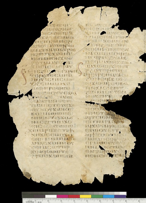 Mich. Ms. 124.1Greek-Sahidic Lectionary containing passages from the Gospels. Verso. Parchment. White Monastery, Sohag (Egypt). ca. Fragments of the same manuscript are kept in Oxford and Paris. ca. late 7th-early 8th century. Parchment; 33.5 x 28 cm.  